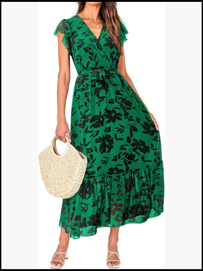 Bohemian Wrap V Neck Ruffle Cap Sleeve A-Line Pleated Midi Dress